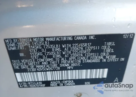 2012 Toyota Rav4 Limited z USA, uszkodzony, nr VIN 2T3DF4DV5CW267728